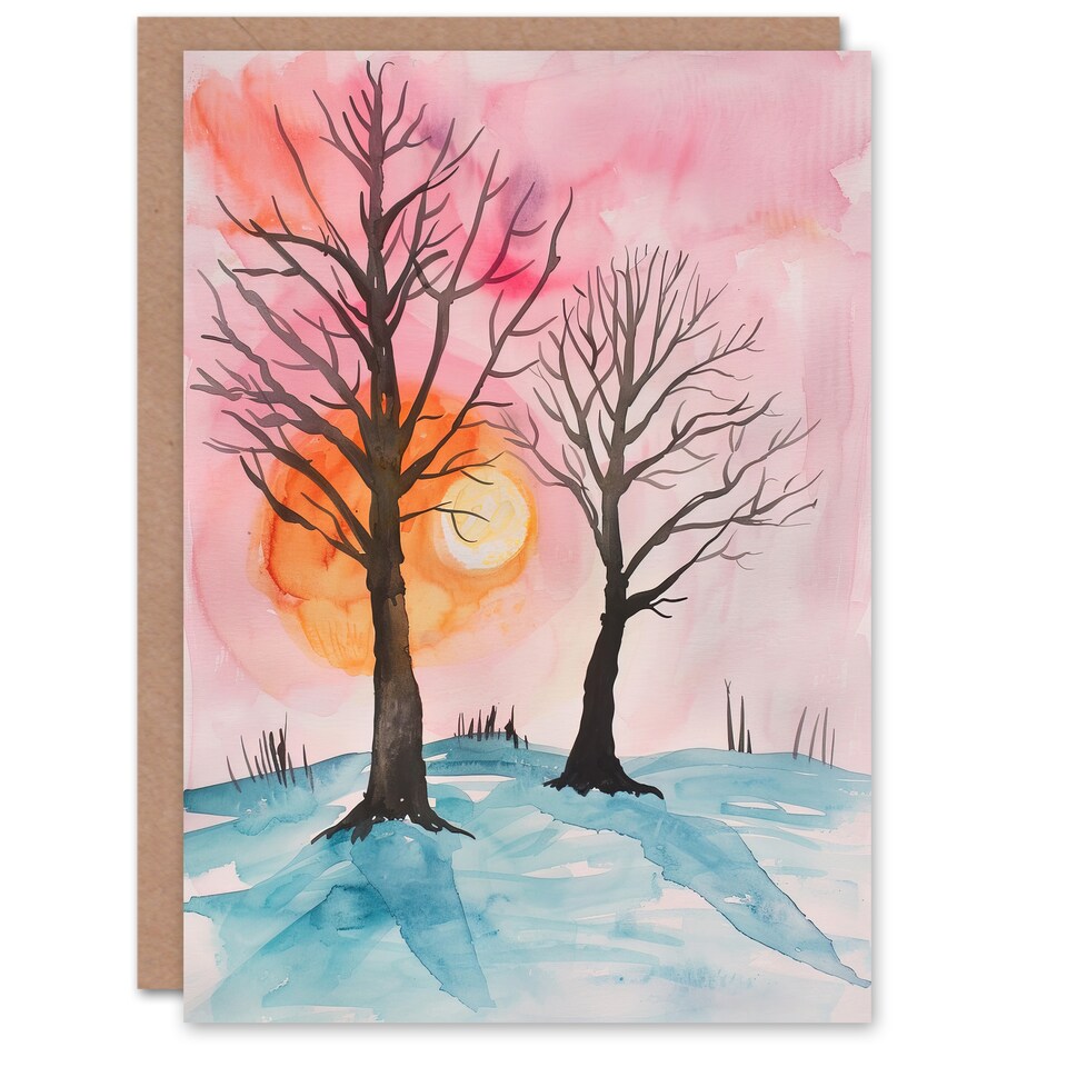image 1 of Greeting Card Two Trees Misty Sunset Winter Snow Landscape Birthday