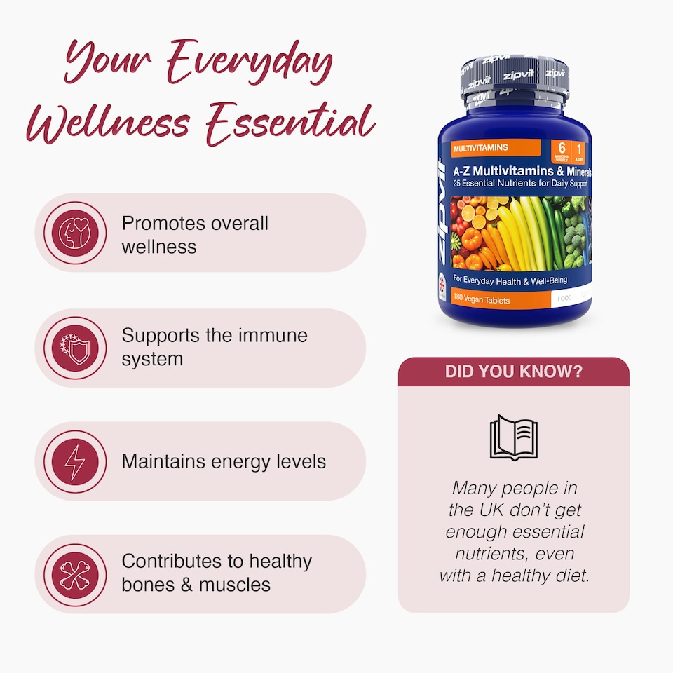 image 1 of Zipvit A-Z Multivitamin – Immune, Energy & Bone Support, 25 Essential Nutrients, 180 Vegan Tablets, 6-Month Supply