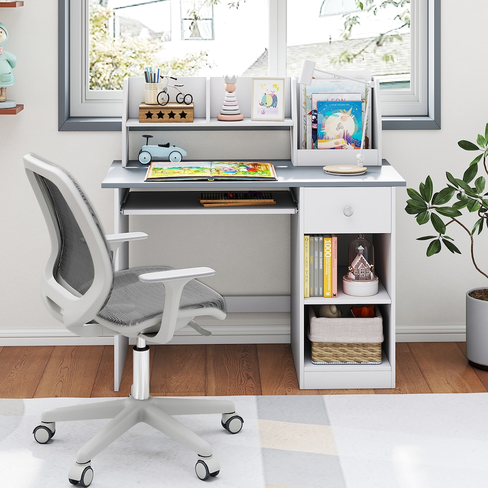 image 1 of COSTWAY Kids Study Desk Wooden Writing Table with Keyboard Tray & Drawer-Grey