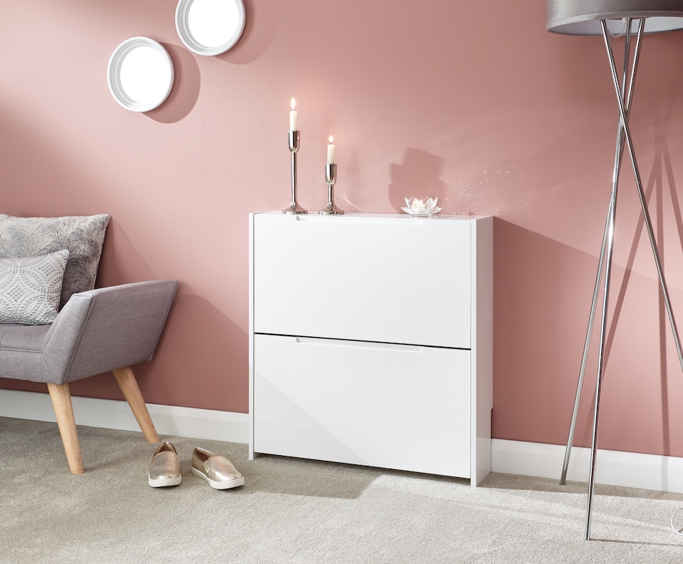 image 1 of Narrow High Gloss 2 Tier Shoe Cabinet | White | White