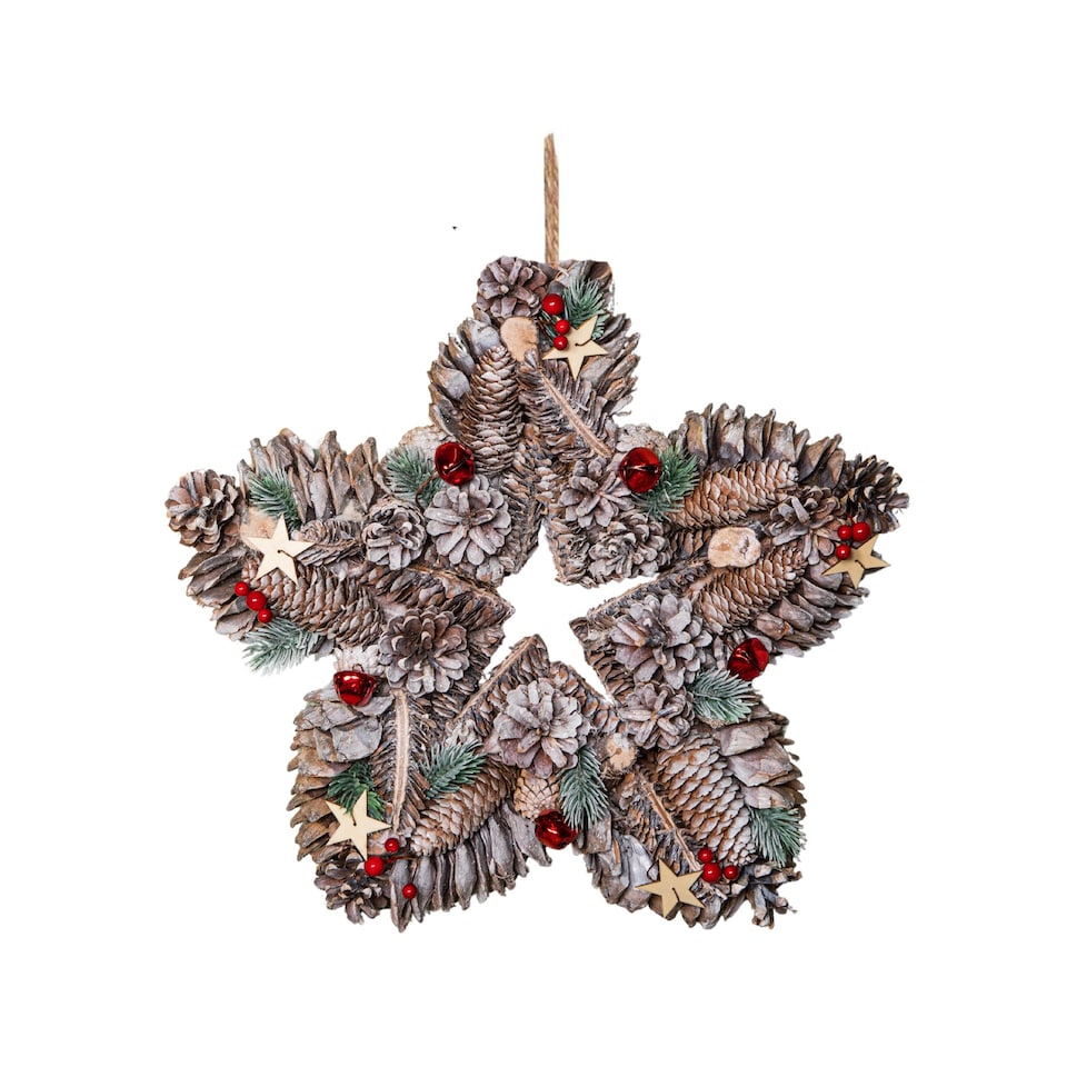 image 1 of 35cm Frosted Hanging Christmas Star Wreath with Red Jingle Bells & Wooden Stars