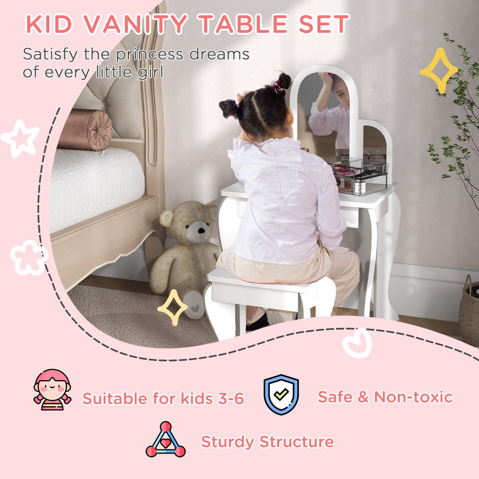 image 1 of HOMCOM Kids Dressing Table and Stool Kids Vanity Set Makeup Desk w/ Mirror, Drawer, for Ages 3-6 Years, White | White
