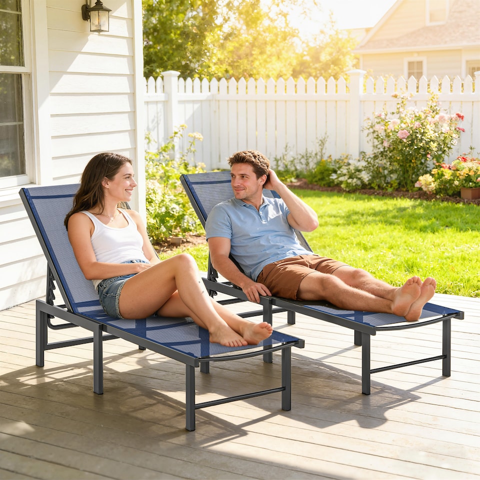 image 1 of Outsunny Sun Loungers Set of 2, 5-Level Reclining Sunbeds, Dark Blue | Black | Dark Blue | One Size