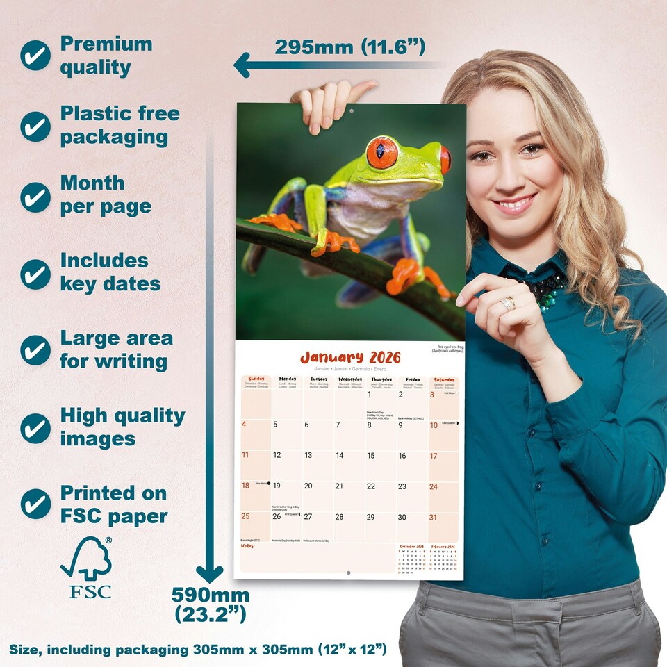 image 1 of Frogs 2026 Calendar | Square Wall Calendar | Reptile Gift | Plastic Free Packaging | by Avonside Publishing