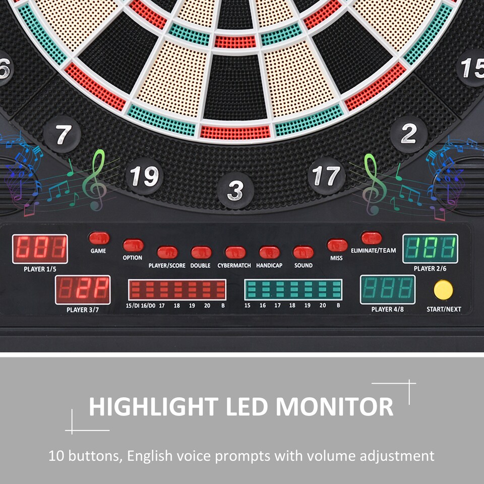 image 1 of HOMCOM Electronic Dartboard Set, 27 Games Modes and 202 Variations, LED & 12 Soft Tip Darts and Cabinet to Storage, Ready-to-Play Multi-Game Option Darts Machine