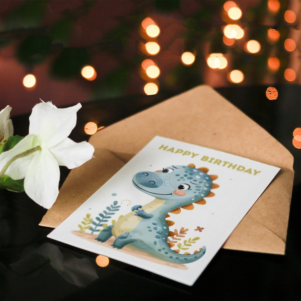image 1 of Cute Dinosaur Cartoon Drawing Fun Kids Girl Child Kids Birthday Card