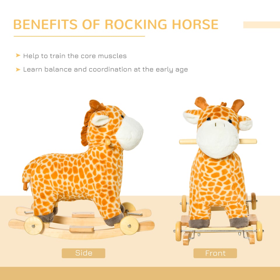 image 1 of HOMCOM 2 In 1 Kids Todder Rocking Horse Plush Ride On Giraffe Rocker with Wheels Wooden Base Animal Sounds for 3-6 Years