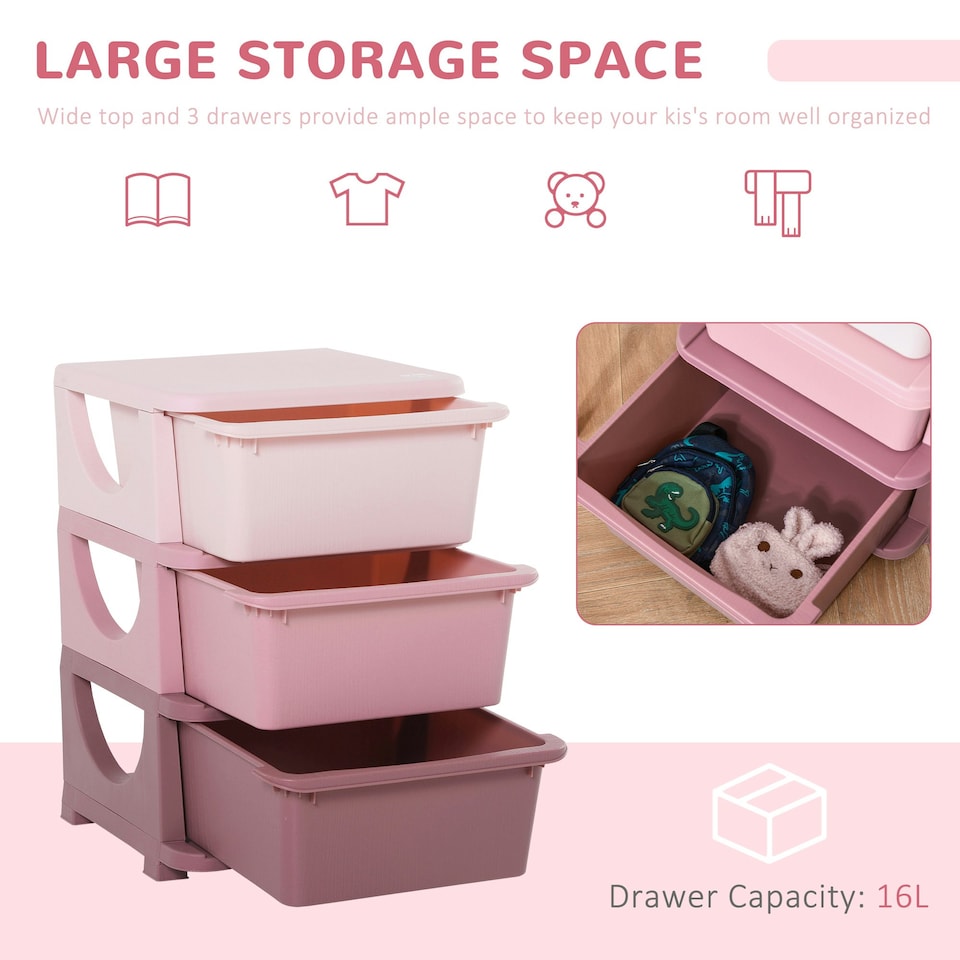 image 1 of HOMCOM Kids Storage Units with Drawers 3 Tier Chest Dresser Tower Cream