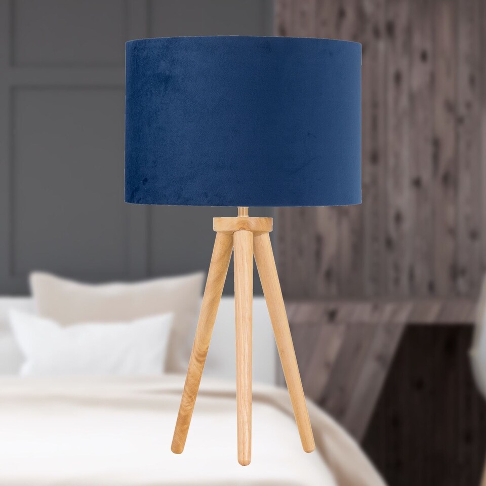 image 1 of Voyage - Light Oak Table Lamp or Bedside Light with Blue Velvet Shade | Brown | Blue | Large | 1