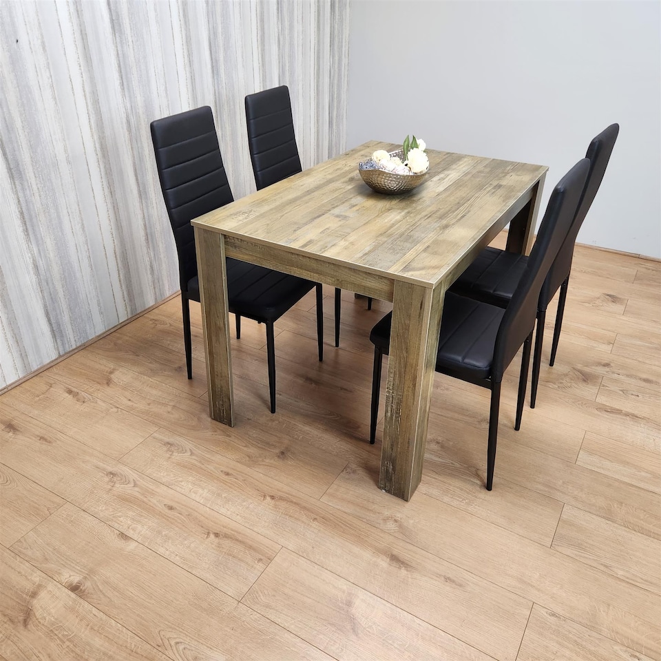 image 1 of Dining Table and 4 Chairs Rustic Effect Wood Table with 4 Black Faux Leather Dining Chairs