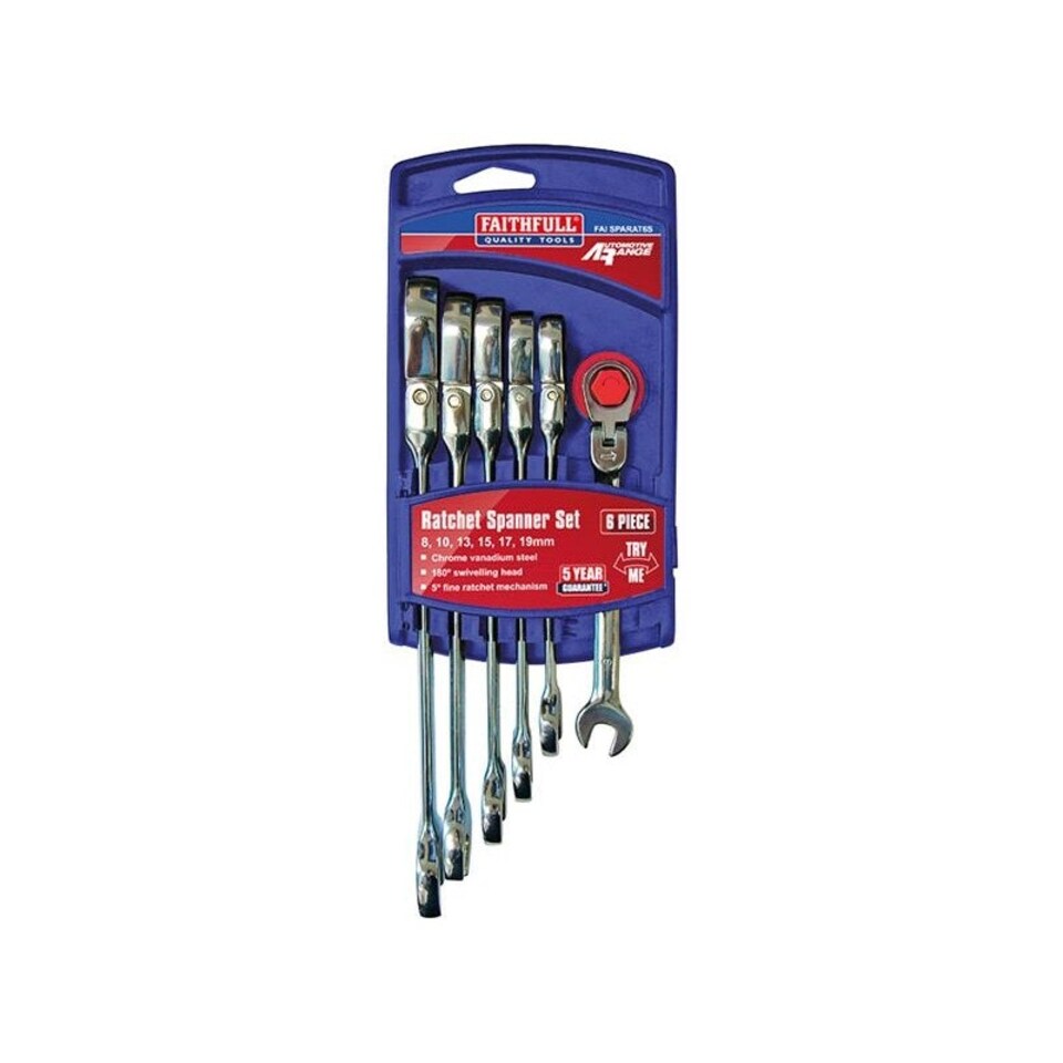 Faithfull Ratchet Combination Spanner Flex Head Set, 6 Piece - Multi Colour - One Size