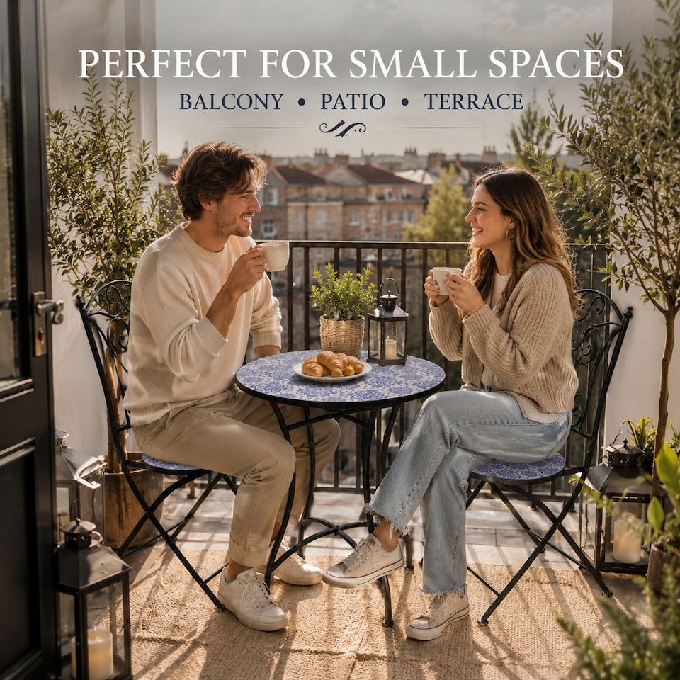 image 1 of Mosaic Bistro Set Three Piece Folding Outdoor Table and Chairs for Balcony Patio and Small Garden Dining