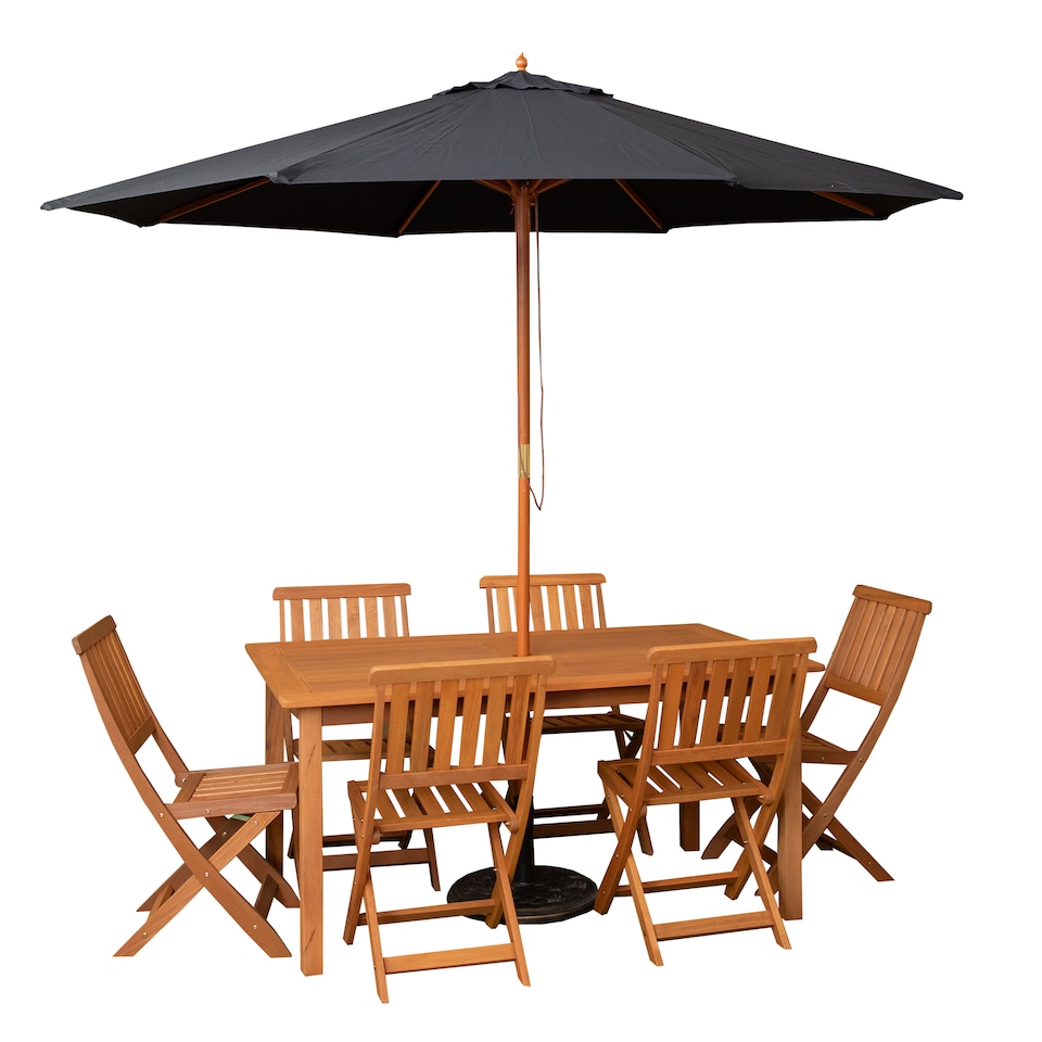 image 1 of Outdoor 6 Person Rectangular Wooden Garden Patio Dining Table Chairs with Black Parasol and Base Set