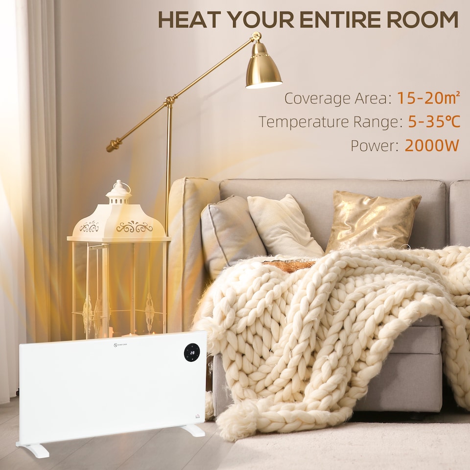 image 1 of HOMCOM 2000W Electric Panel Heater, Freestanding or Wall Mounted, Convector Heater with LED Display, Open Window Detection, Timer, Overheat Protection, Remote Control, White