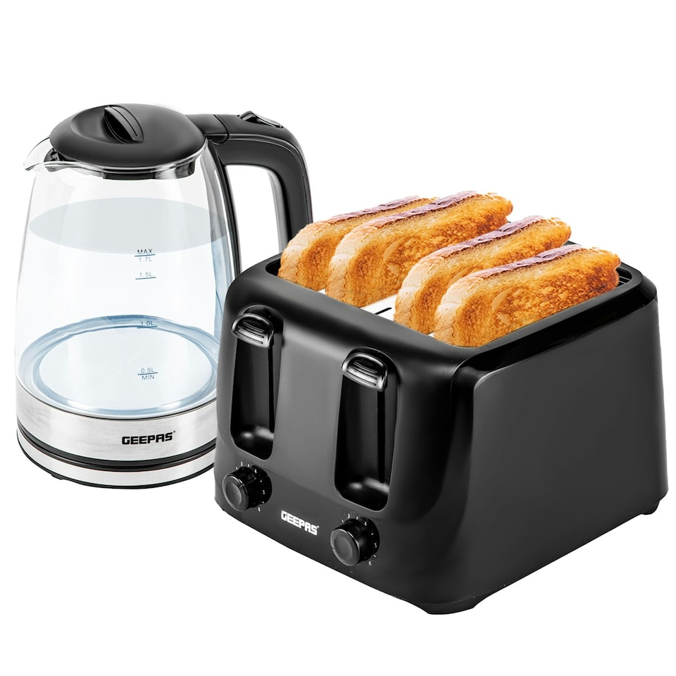 image 1 of GEEPAS 4 Slice Bread Toaster & 1.7L Illuminating Electric Glass Kettle Set, Black