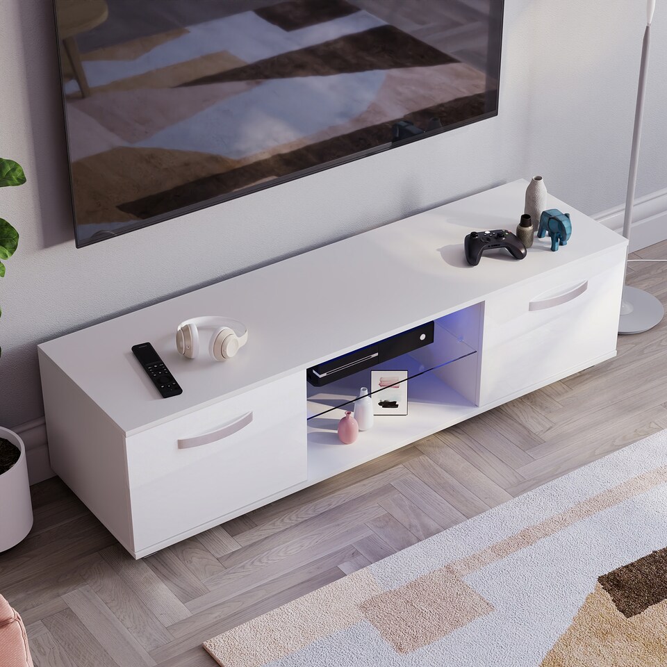 image 1 of Vida Designs Cosmo 2 Door LED TV Unit Entertainment Stand, 140cm, White | White | 1