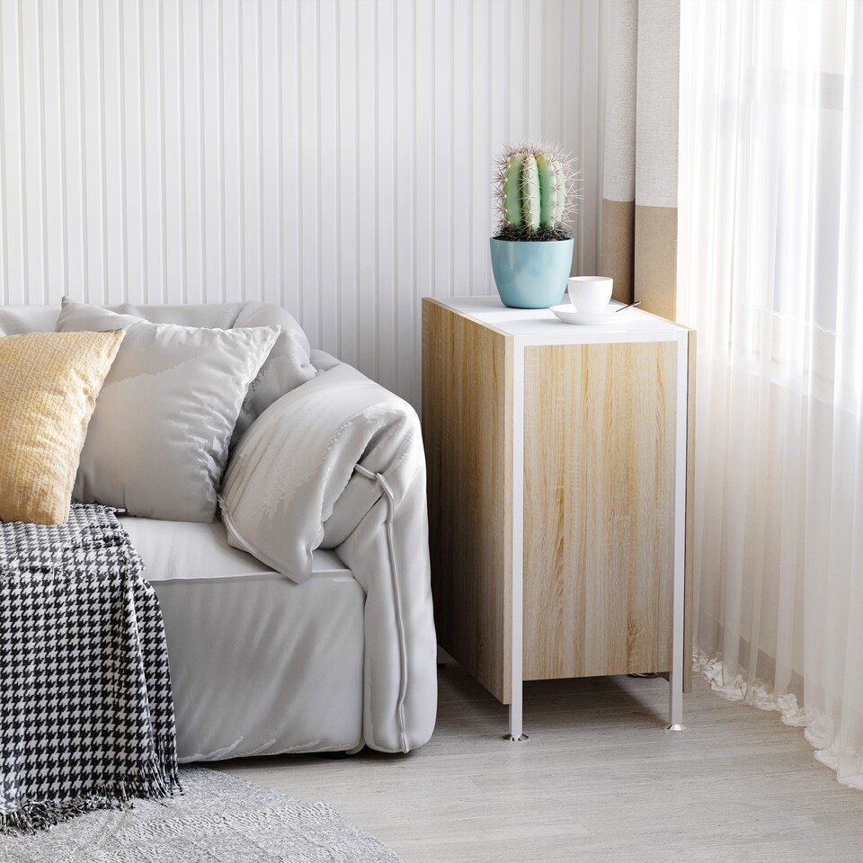 image 1 of HOMCOM Folding Dining Table for 4 People, 169 cm Drop Leaf Table with Storage Shelves for Small Spaces, Kitchen, Dining Room, Oak & White