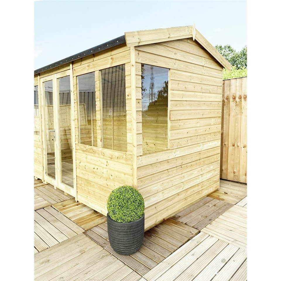 image 1 of 8 x 10 REVERSE Pressure Treated Tongue And Groove Apex Summerhouse + LONG WINDOWS + Safety Toughened Glass (8' x 10' / 8ft x 10ft) (8x10)