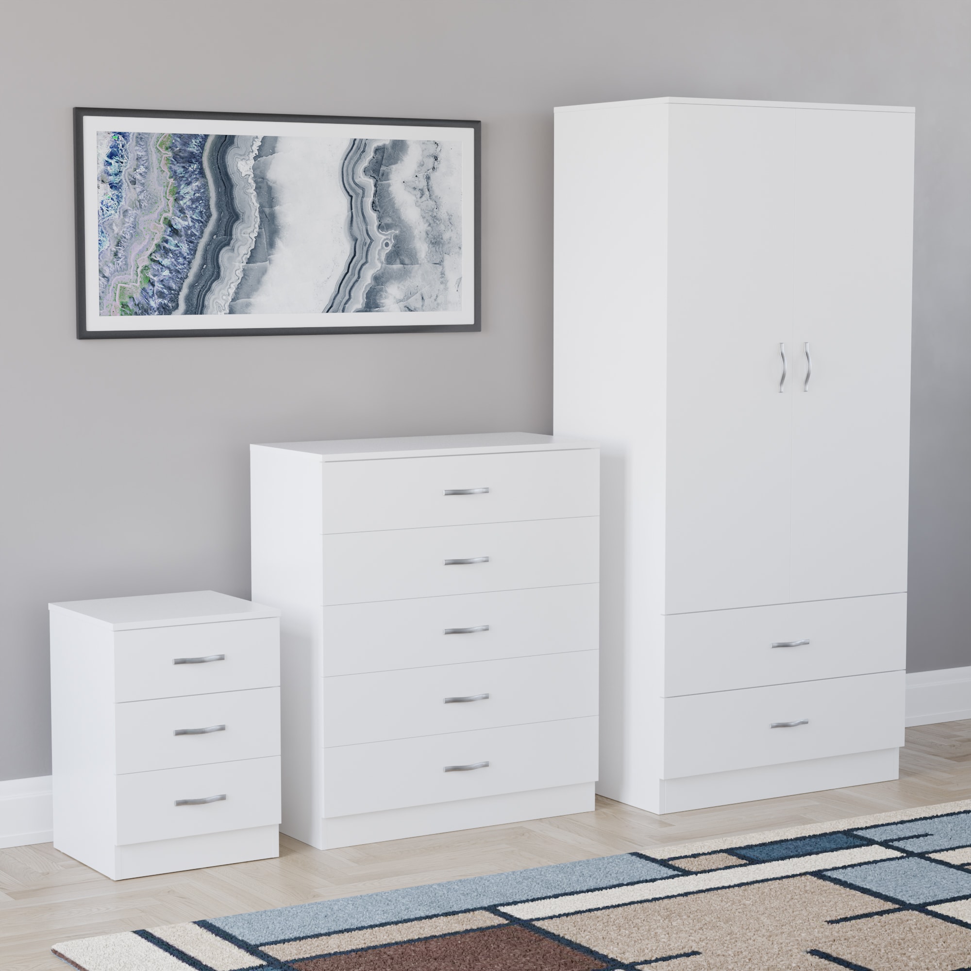 Vida Designs Riano 3 Piece Bedroom Set (3 Drawer Bedside Chest, 5 Drawer Chest, 2 Door 2 Drawer Wardrobe) - White