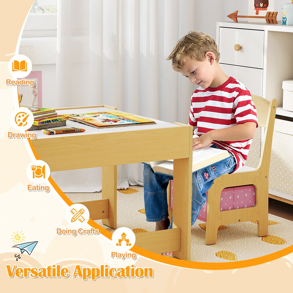 image 1 of COSTWAY Kids Multifunctional Table and 2 Chairs Set Pink