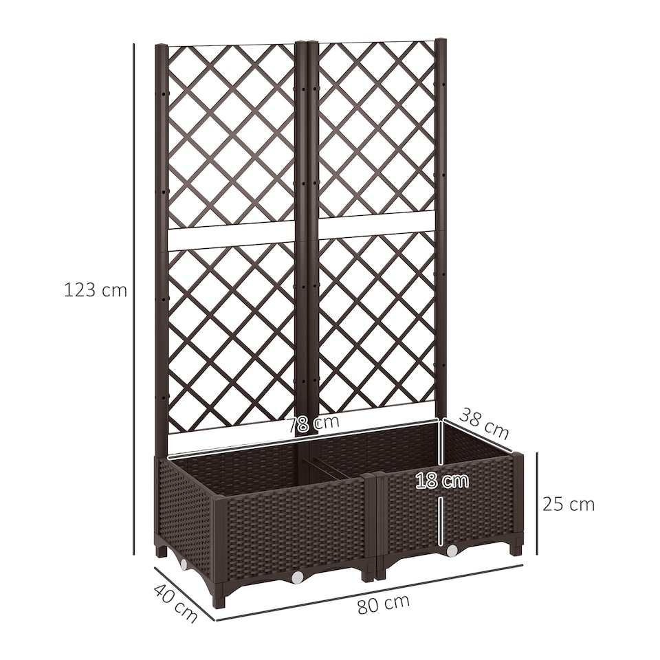 image 1 of Outsunny Raised Garden Bed with Trellis, Plastic Planter Box with Drainage Holes, Drain Plugs and Water Reservoirs for Climbing Plants, Vegetables, Flowers | Brown