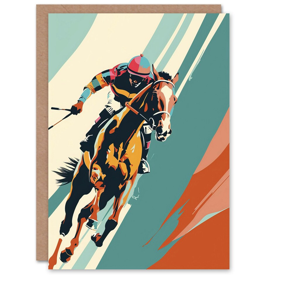 image 1 of Jockey On Racehorse Animal Race Colourful Him Her Birthday Card