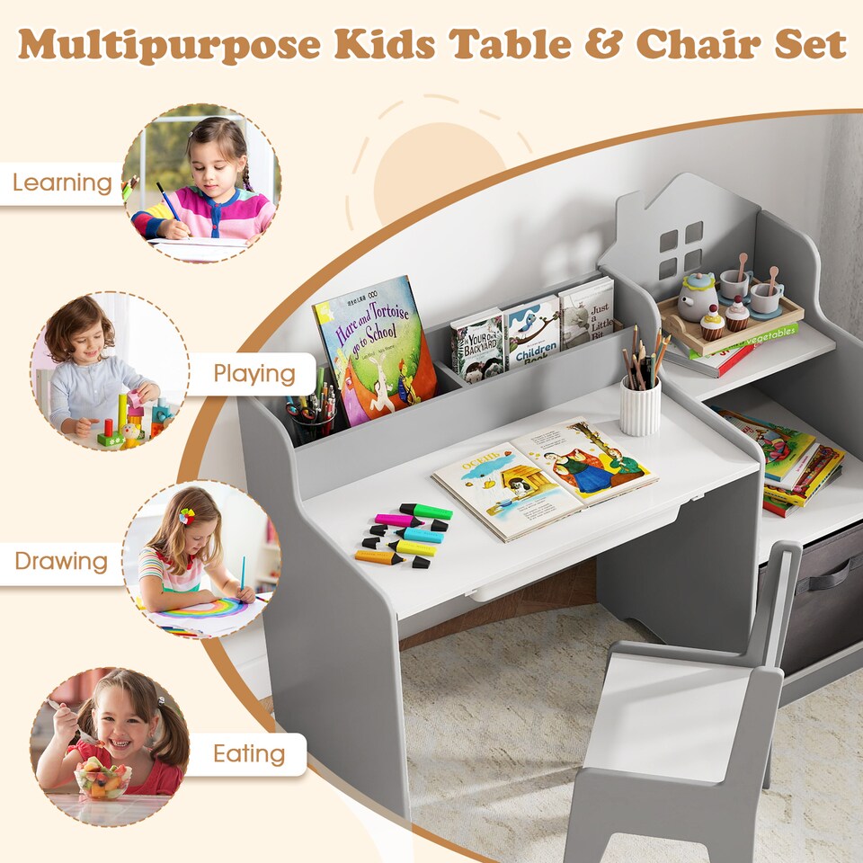 image 1 of COSTWAY Kids Study Desk and Chair Set Children Table Grey