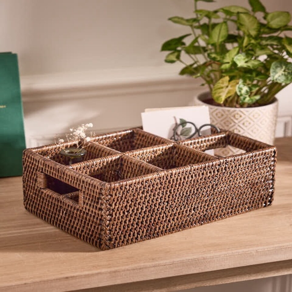 image 1 of Natural Rattan Six Compartment Storage Caddy Brown