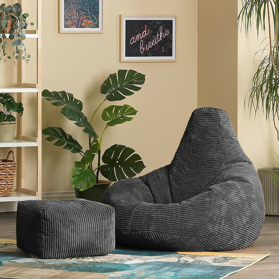 image 1 of icon Dalton Cord Adults Bean Bag Recliner and Pouffe, Ready Filled Beanbag and Footstool Grey Grey | Grey