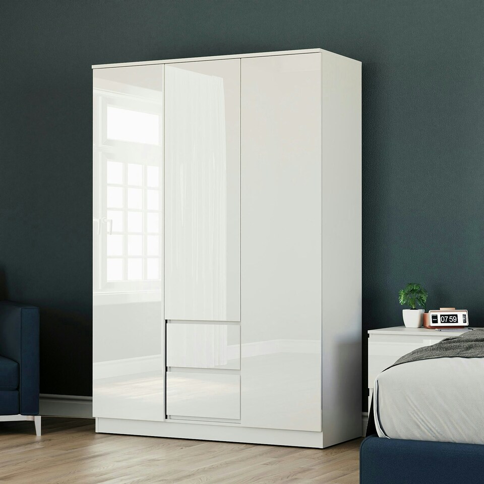 image 1 of Vida Designs Glinton 3 Door 2 Drawer Wardrobe High Gloss Doors With Shelf & Clothes Rail, 100% FSC, White