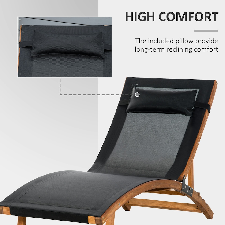 image 1 of Outsunny Ergonomic Outdoor Chaise w/ Adjustable Back and Pillow for Garden Black