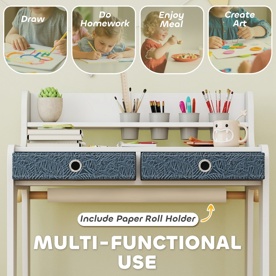 image 1 of AIYAPLAY Kids Desk and Chair Set, Art Table and Chair Set for children with Hutch & Drawers, Gift for Aged 3-8, Student Study Writing Table for Home School Bedroom Playroom