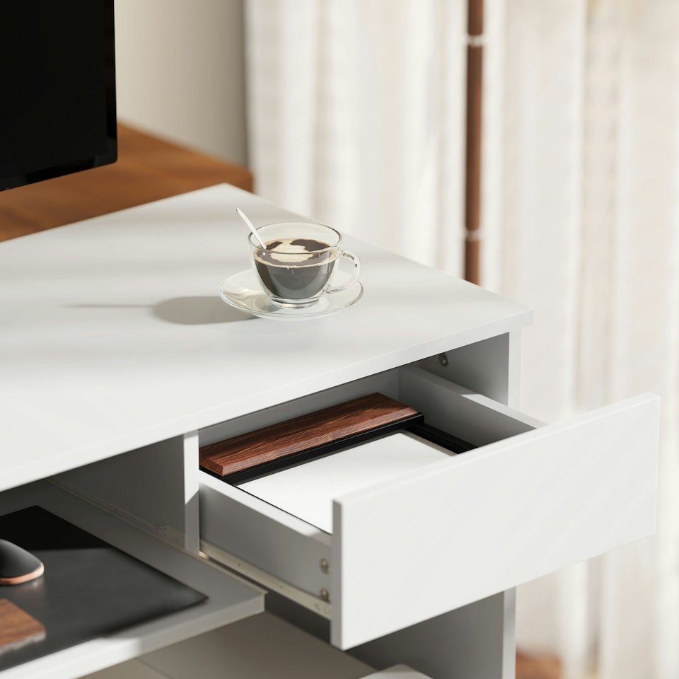 image 1 of HOMCOM Compact Computer Table with Keyboard Tray and Drawer, White | White