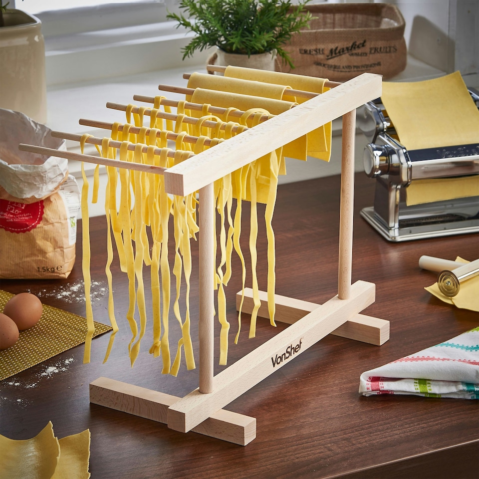 image 1 of VonShef Pasta Drying Rack, Collapsible Wooden Noodle Stand