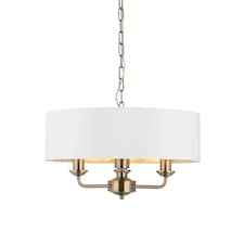 Highclere 3 Lamp Single Shade Pendant Ceiling Lamp, Antique Brass Plate, Vintage White Fabric