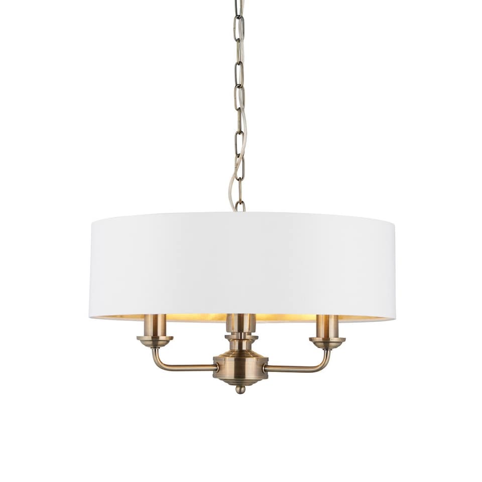 image 1 of Highclere 3 Lamp Single Shade Pendant Ceiling Lamp, Antique Brass Plate, Vintage White Fabric