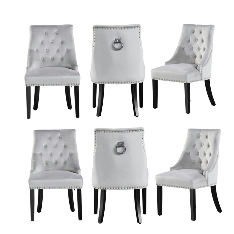 image 1 of Set of 6 Velvet Dining Chairs Ergonomic Scoop Knockerback & Button Tufted Wood Legs Black