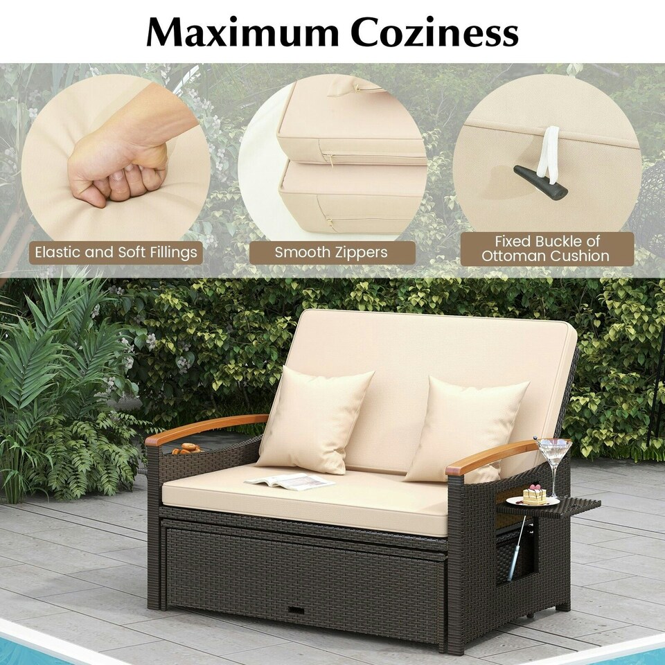 image 1 of COSTWAY Outdoor Wicker Daybed PE Rattan Loveseat with Ottoman
