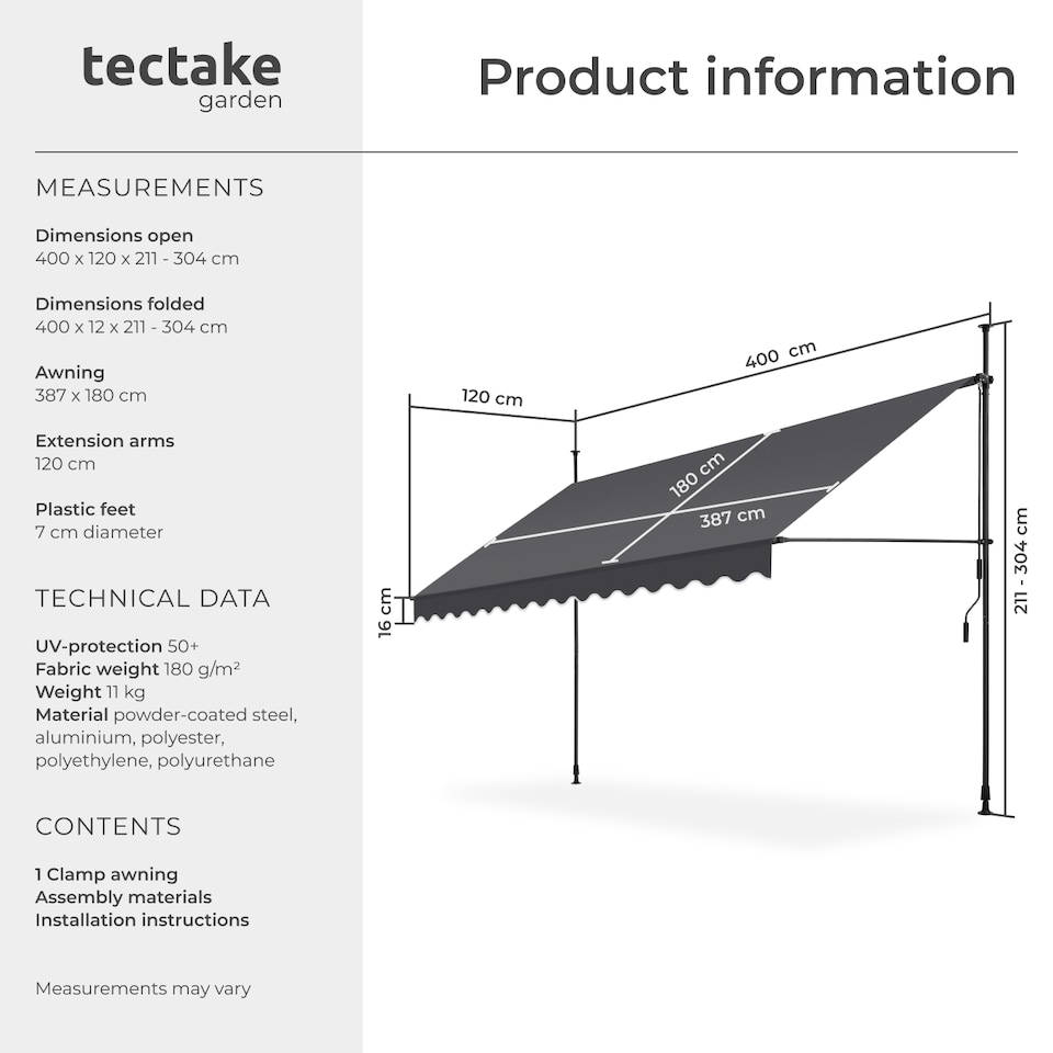 image 1 of Awning with hand crank - pressure fitted , height adjustable | Black | black/grey | 400 x 180 cm | 1