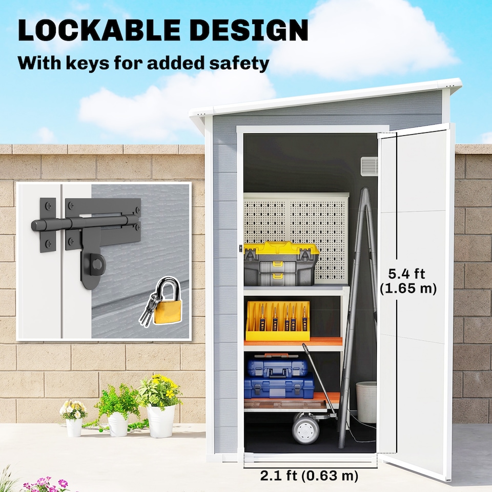 image 1 of Outsunny Lean to Garden Shed 4'x5' Plastic Tool Storage House w/ Lockable Door | Grey