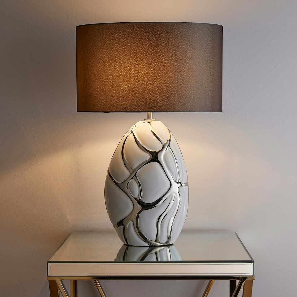 image 1 of Tall White and Silver Table lamp in a Ceramic Finish and Dark Grey lampshade Pebble Style Base Finish White