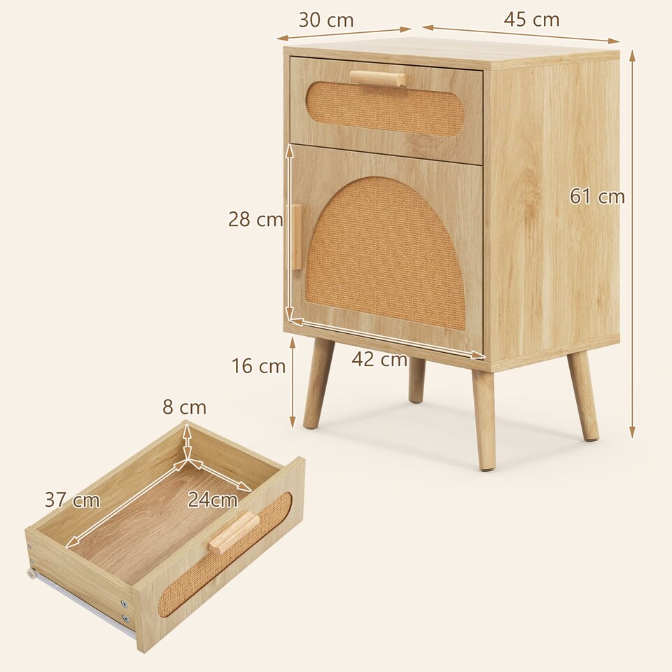 image 1 of COSTWAY Rattan Nightstand with Rattan-decorated Door Yellow