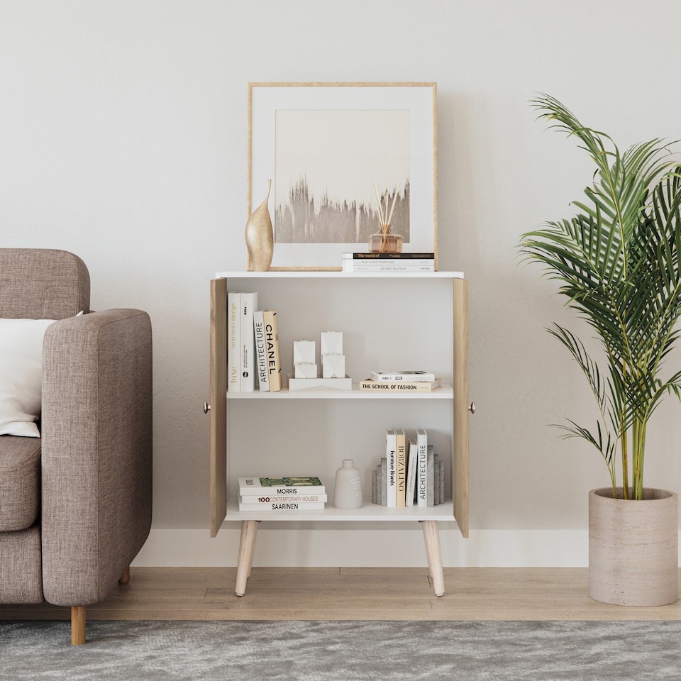 image 1 of White 2-Tier 2-Door Wooden Cabinet With Legs | White | Brown | 0 x 0 x 0 | 1