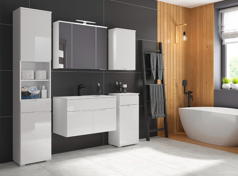 image 1 of White Bathroom Cabinet Freestanding Storage Unit with Drawer White Gloss Slim Narrow 400mm Floor Unit Spice