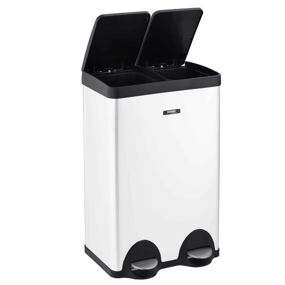 image 1 of Cooks Professional Dual Recycle Kitchen Pedal Bin 60L | Dual Pedal | 2 x 30L Removable Compartments | White