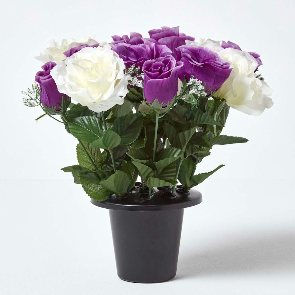 image 1 of Homescapes Set of 2 Pink & Purple Roses Artificial Flowers in Grave Vases