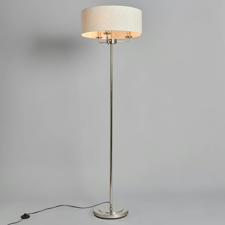 image 1 of BHS Henry 3 Light Floor Lamp with Grey Shade, Nickel