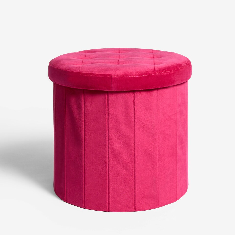 image 1 of OHS Matte Velvet Soft Round Foldable Footstool Seat Storage Organiser Ottoman Pink | Bright Pink