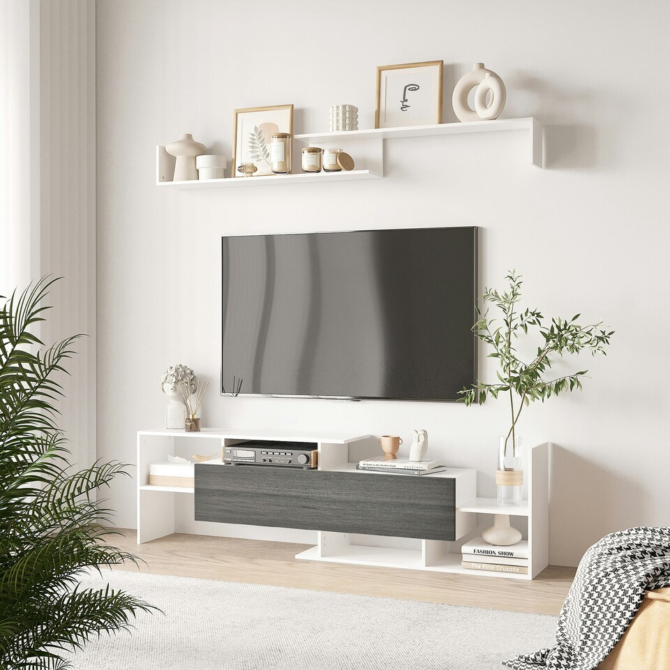 image 1 of HOMCOM TV Cabinet Unit w/ Wall-Mounted Shelf, Open Shelves Black and Brown White