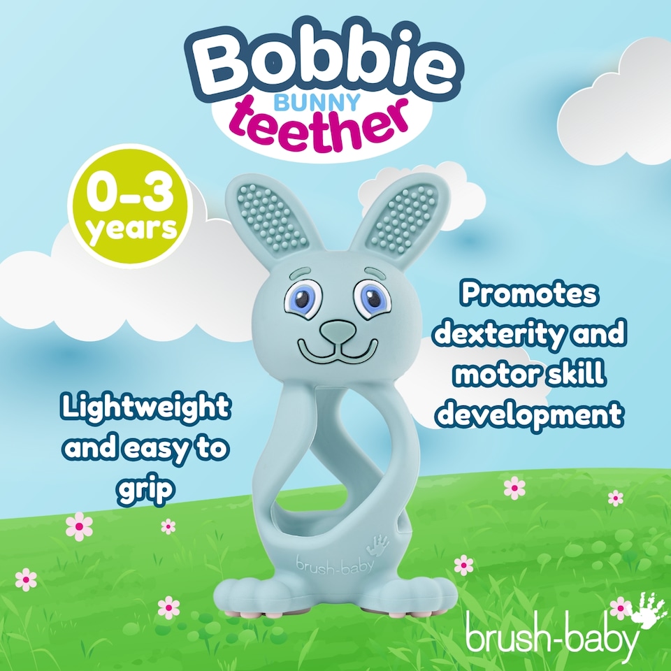 image 1 of Brush Baby Bobbie Bunny Baby Teether Toy Eucalyptus Green | Twist & Bounce Teething Toy